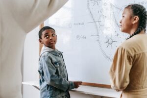 Multiethnic children studying biology and listening teacher near modern whiteboard with scheme of organism in classroom