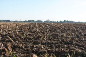 A close-up image of a freshly plowed farmland in springtime, ready for new crops.