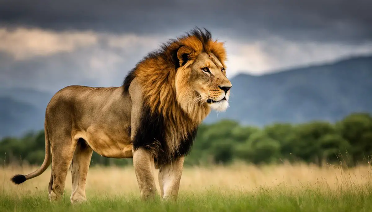 A photograph of a lion standing in a grassy field