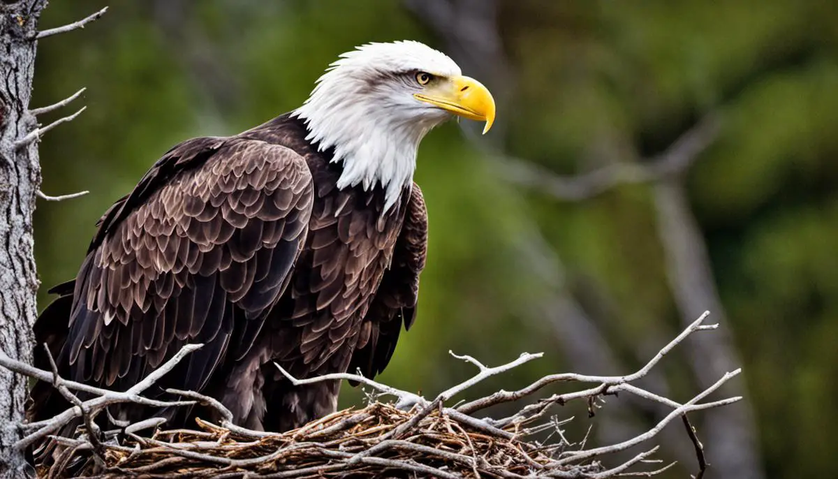 A majestic bald eagle perched on its large nest atop a lofty tree branch.