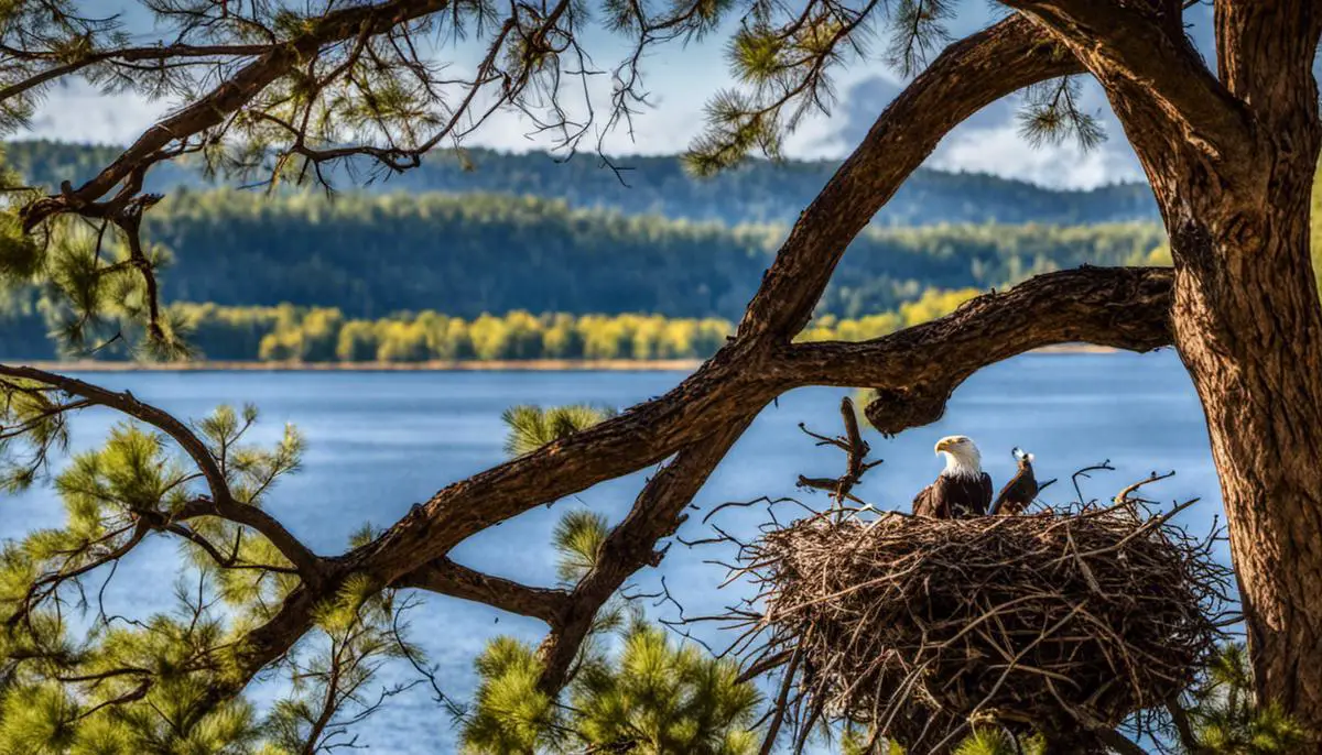 Image of bald eagle nest in a tree overlooking a lake