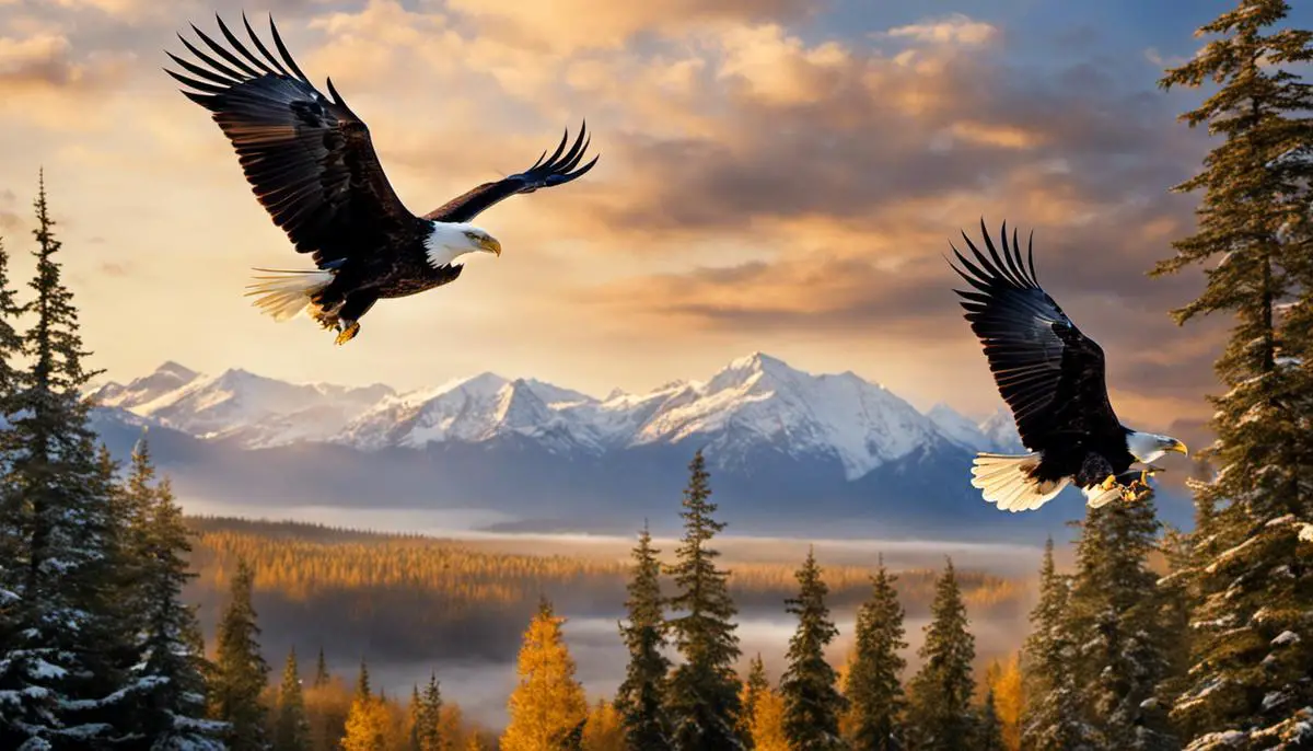 Two bald eagles soaring in the sky