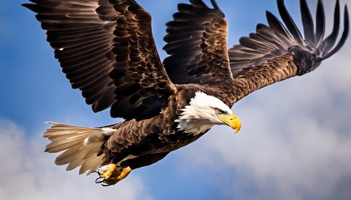 A majestic Bald Eagle soaring high in the sky, showcasing its impressive wingspan and sharp features.
