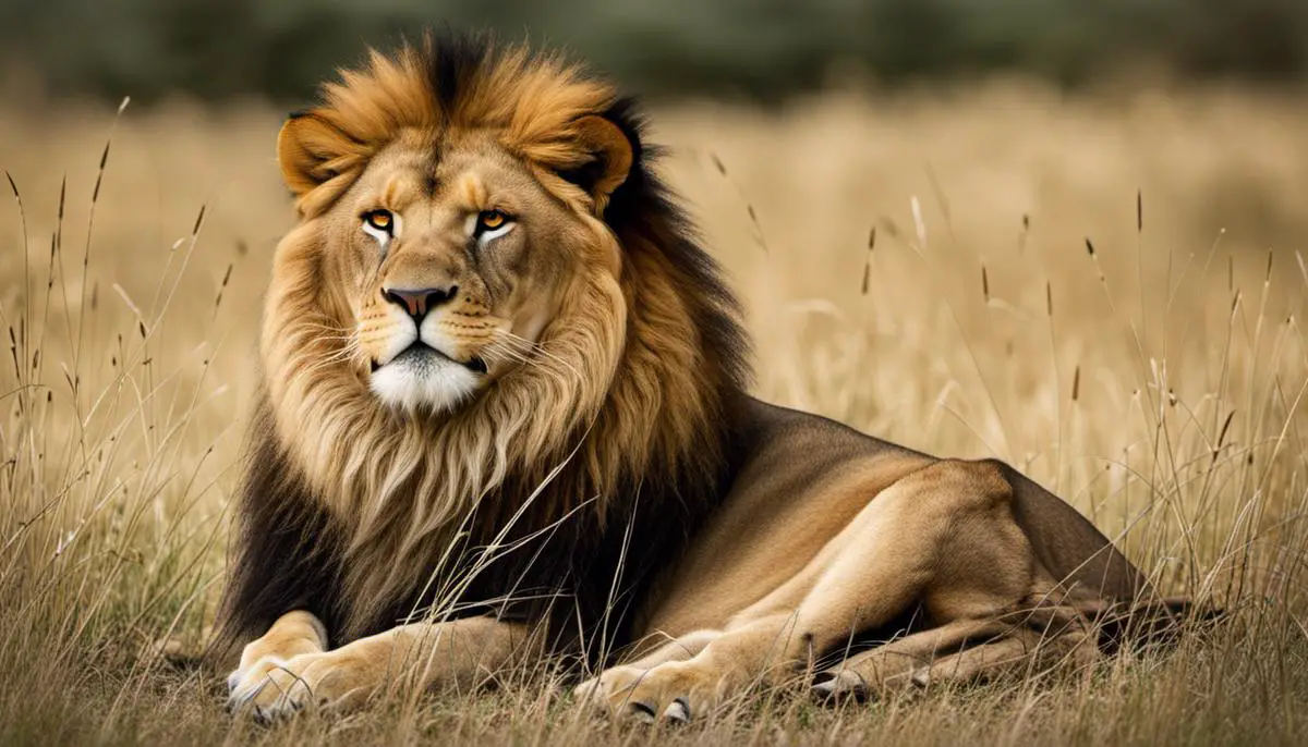 A lion sitting in a grassy savannah, representing the concept of cannibalism in lions.