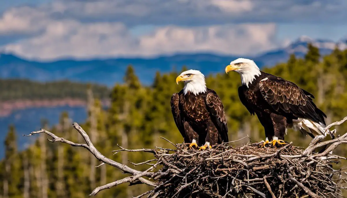 Image of a male and female bald eagle sharing parenting and nesting responsibilities.