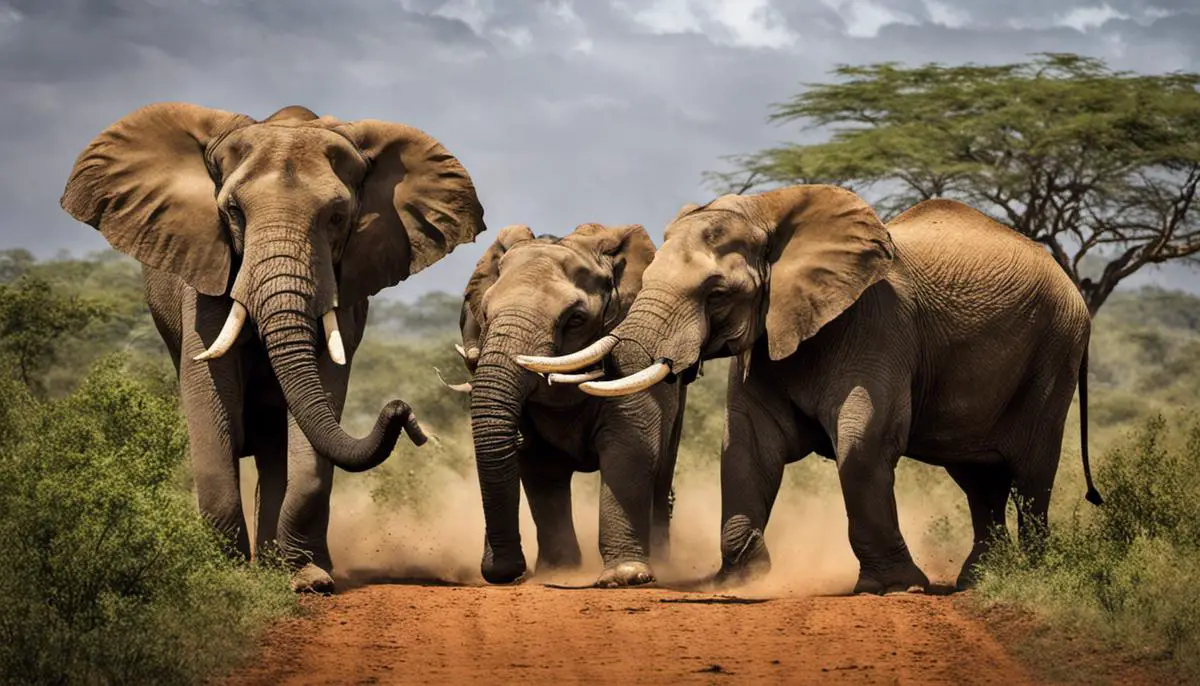 An image depicting elephants engaging in a territorial dispute and exhibiting their strength.