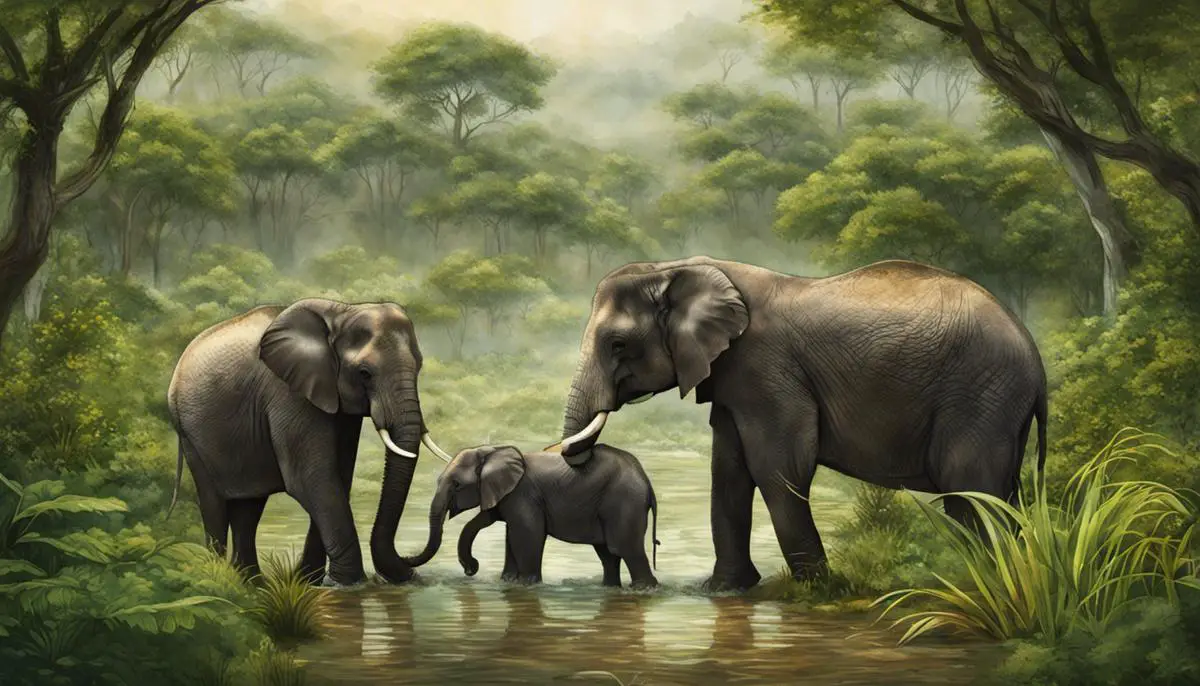 Illustration depicting a family of elephants in a lush ecosystem