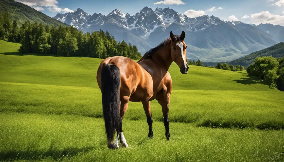 A beautiful horse standing in a green pasture with mountains in the background.