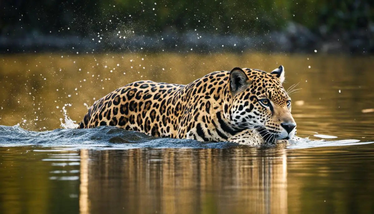 Image depicting a jaguar swimming in water, showcasing its affinity for aquatic environments.