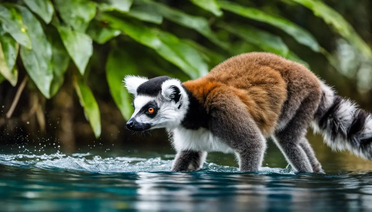 A lemurs swimming in water, showcasing its adaptability to aquatic environments