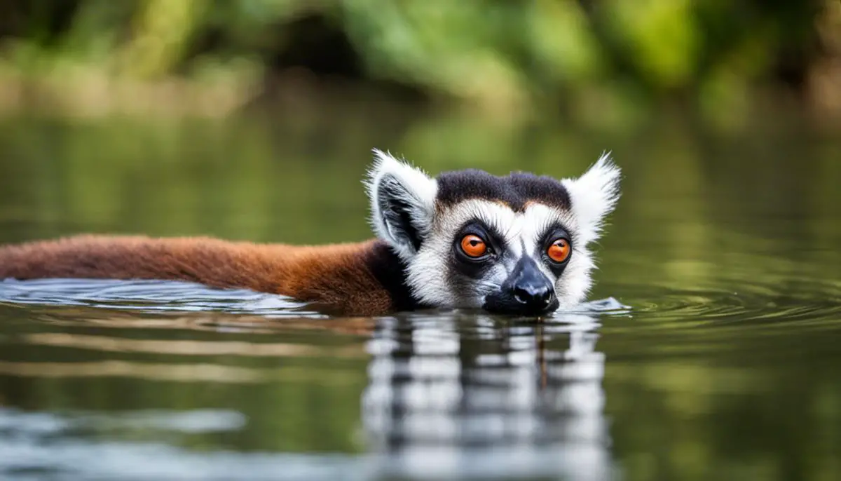Image of a lemur swimming in a tropical lake