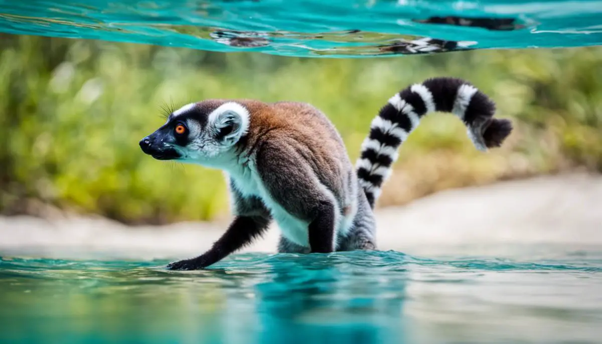 A lemur swimming gracefully in clear blue water