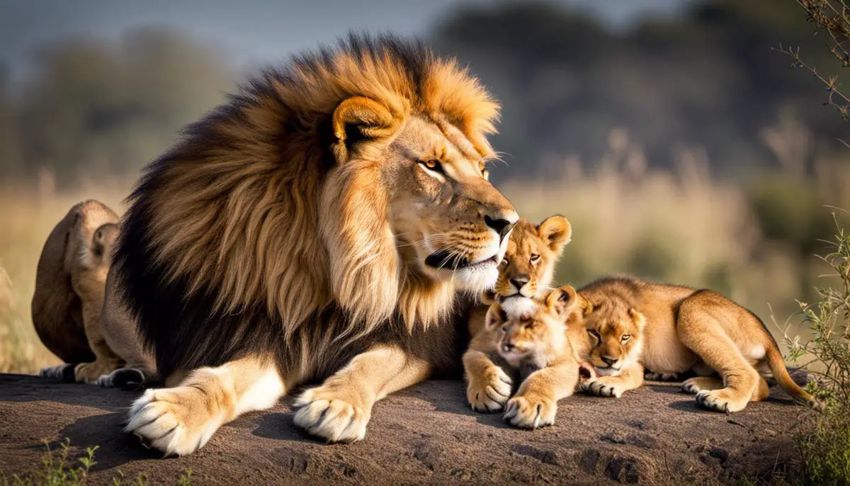 Image illustrating a lion pride with a lion eating a cub, representing the topic of lion cannibalism.