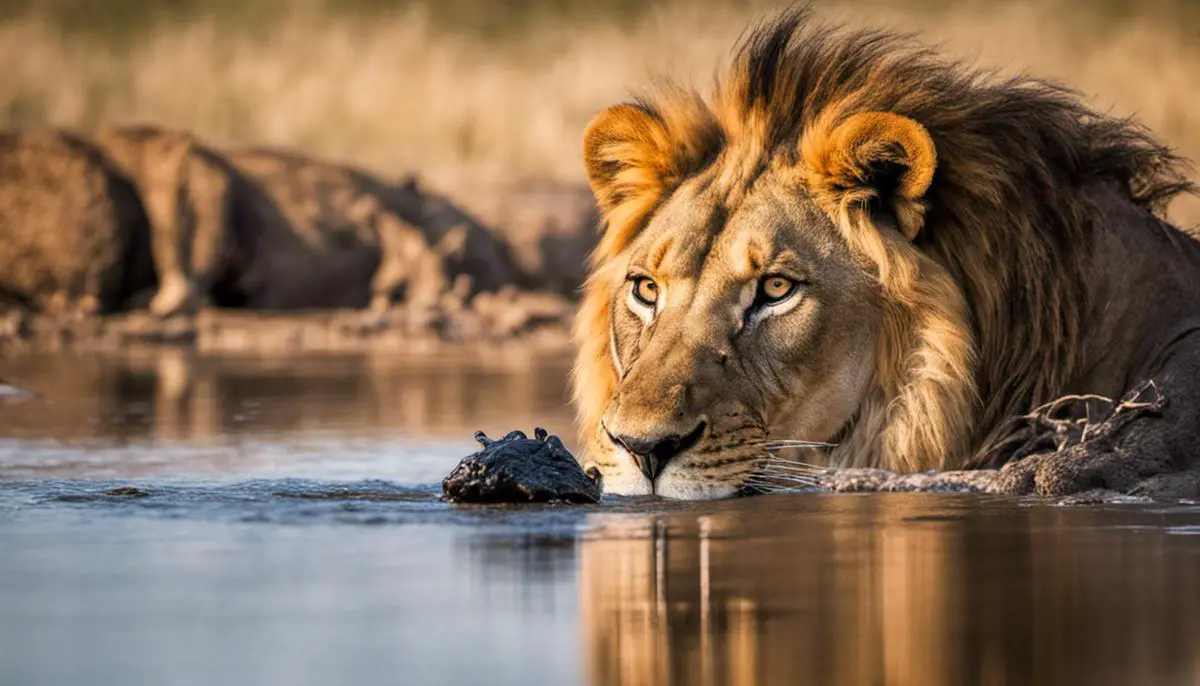 Image of a lion and a crocodile sharing a waterhole in the African savannah.