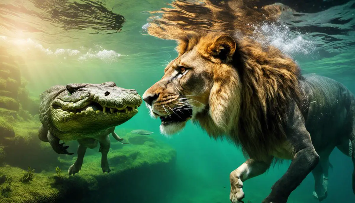 Image depicting the interaction between a lion and a crocodile underwater
