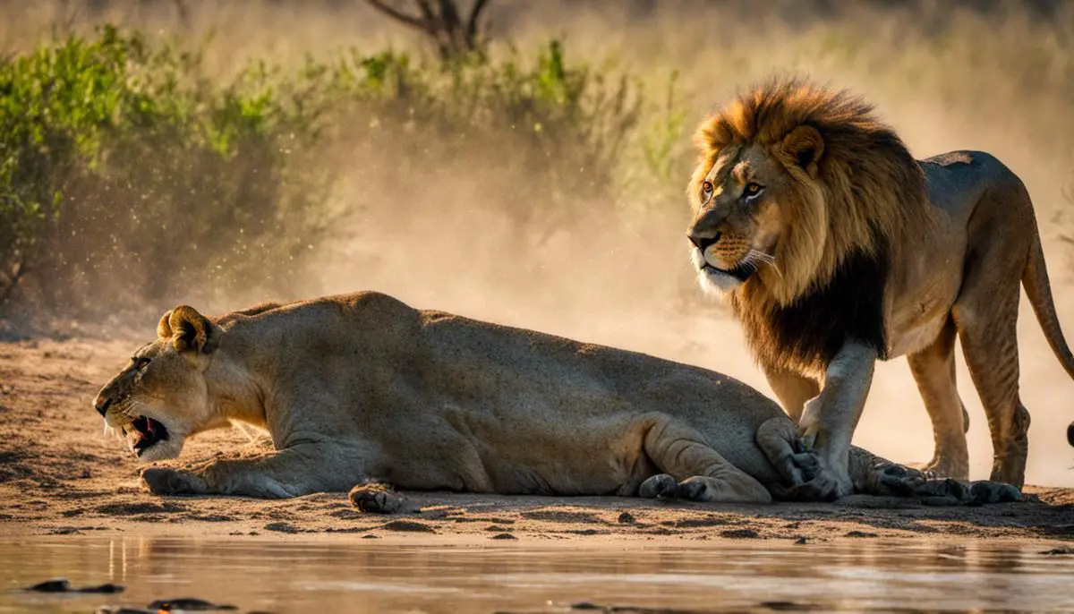A photo showing lions and crocodiles in the wild, representing their interactions