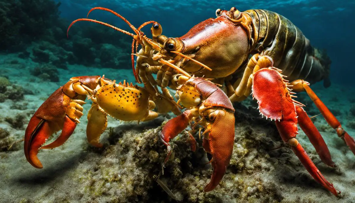 Image depicting the mating habits of lobsters, showing a female lobster molting and a male lobster nearby