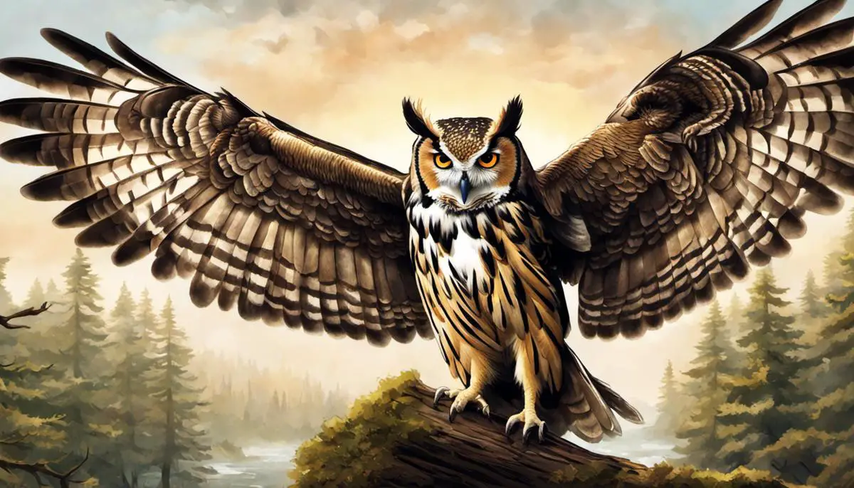 Illustration of an owl perched on a branch, with its wings spread wide